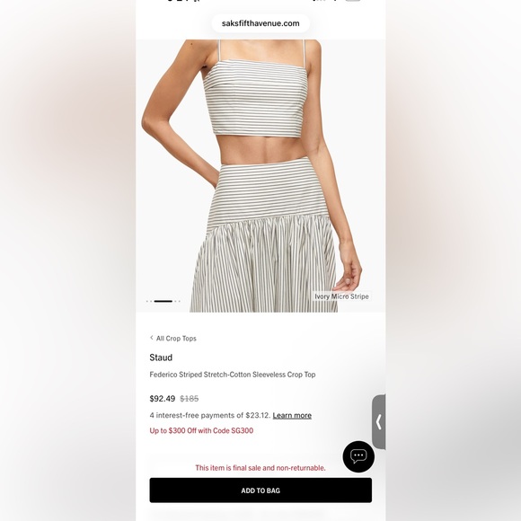 Staud Federico Striped Stretch-Cotton Sleeveless Crop Top Size M NWT - Picture 5 of 5